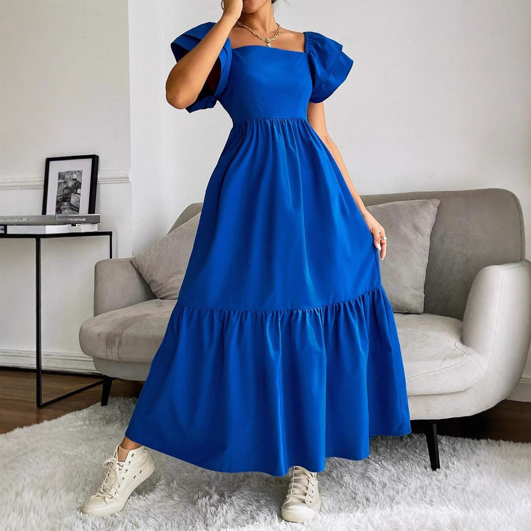 Women Clothing Ruffled A line Dress off Neck Flying Sleeves Solid Color Long Dress DREAMCHIN