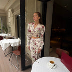 Summer Women Clothing Fashionable Elegant V neck Top Skirt Split Floral Print Vacation Set LaceCH
