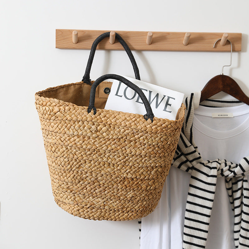 Bolso de paja de gran capacidad, combinable, sencillo, portátil, de hierba natural, tejido a mano, para mujer, para vacaciones en la playa 