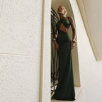 Autumn Winter Women Stitching Sexy Hollow Out Cutout out Solid Color Slim Fit Sheath Fishtail Dress Dores