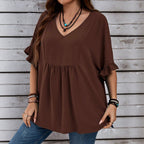 Plus Size Summer Women V neck Solid Color Loose Ruffled High Waist Half Sleeve Top AXE