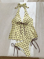 Halter Strap Tankini Printed Split Bikini Lace up Backless Design Swimsuit WithWind