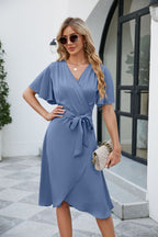 Summer Women Clothing Satin V neck Fitted Waist Flare Sleeve Comfortable Sexy Dress Aeile