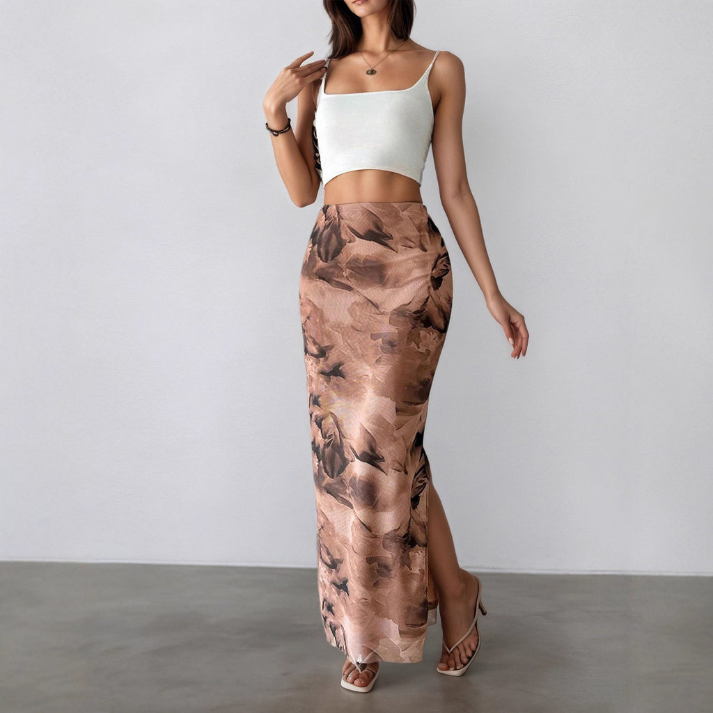 Women Clothing Summer Printed Skirt Sexy Side Split Slimming All-Matching Graceful Long Skirt George