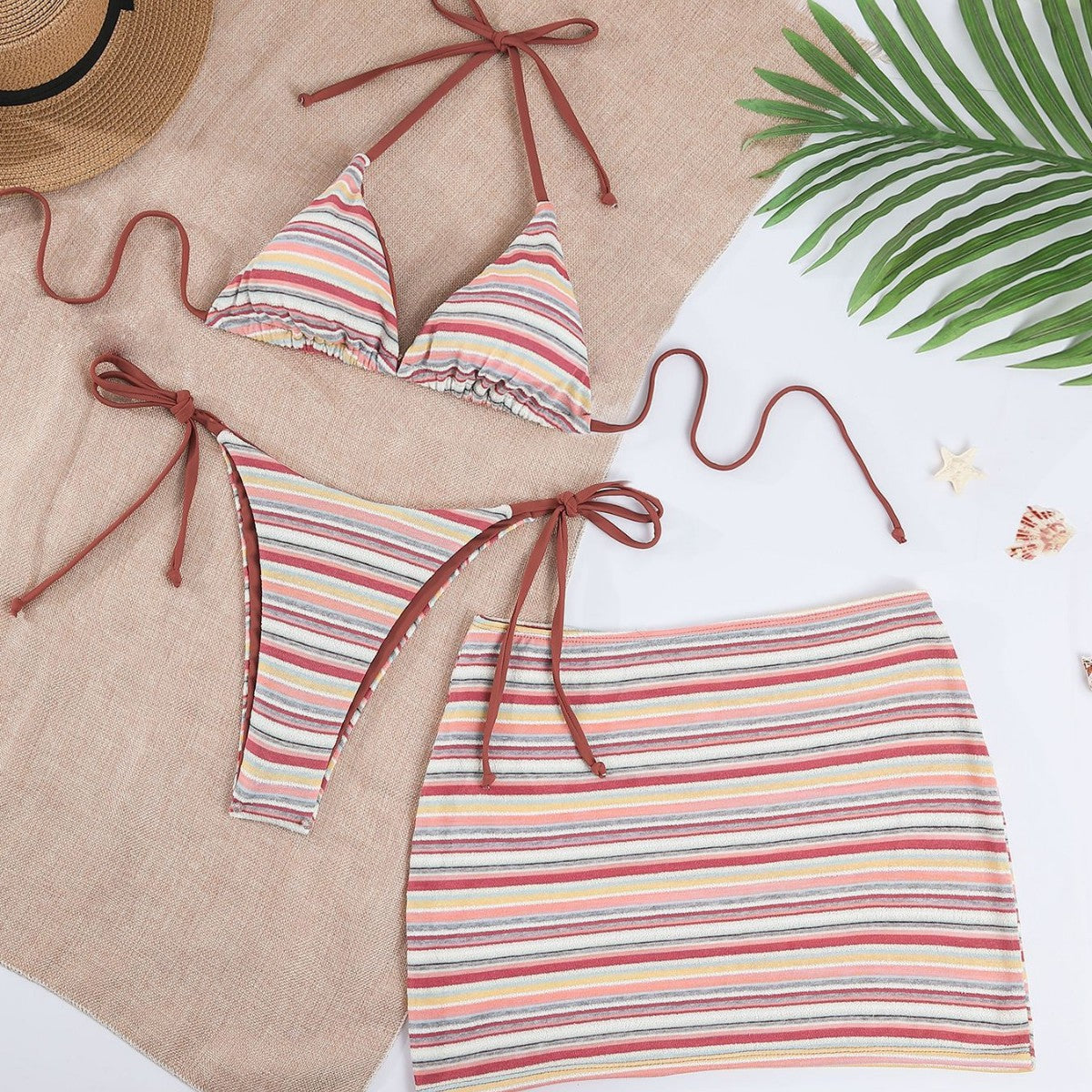 Fresh Color Striped Bikini Swimsuit Overskirt CSC