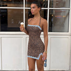 Leopard Print Cami Dress Women Autumn Sexy Backless Slit Sexy Lacing Hip Dress BULLINGER