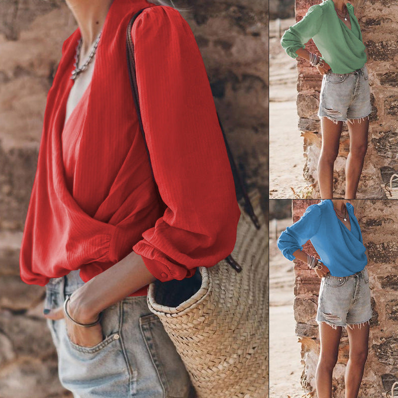 Camisa sencilla de manga larga con estampado de color liso de otoño