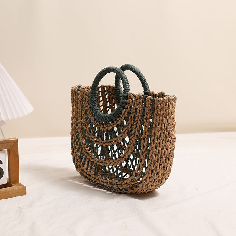 Bolso de paja portátil semicircular ahuecado con asa redonda y color contrastante para mujer, bolso de playa para vacaciones en la playa 
