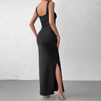 Vestido camisola de malla con costuras de seda de leche, sexy, con abertura en la espalda, vestido formal largo