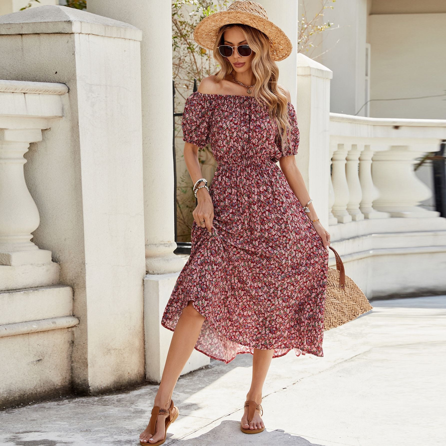 Women Floral off Shoulder Short Sleeve Retro Vacation Dress JoyMer