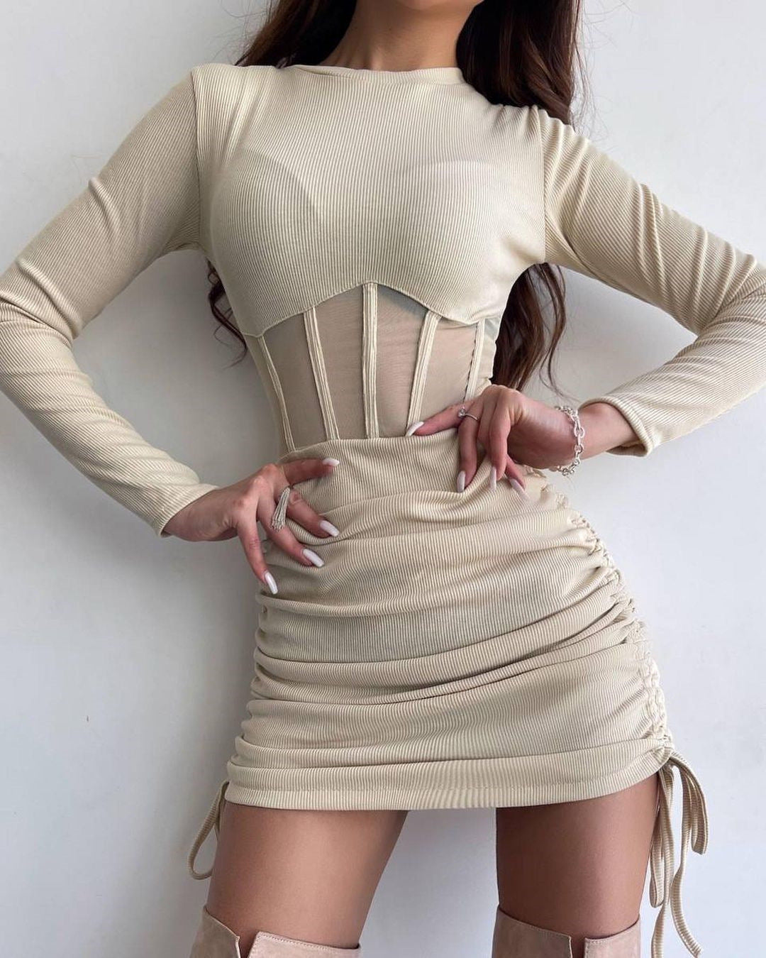 Mesh Hollow Out Cutout Waist Dress for Women Spring Summer Women Wear round Neck Sexy Long Sleeve Pleating Short Dress for Women BESSY