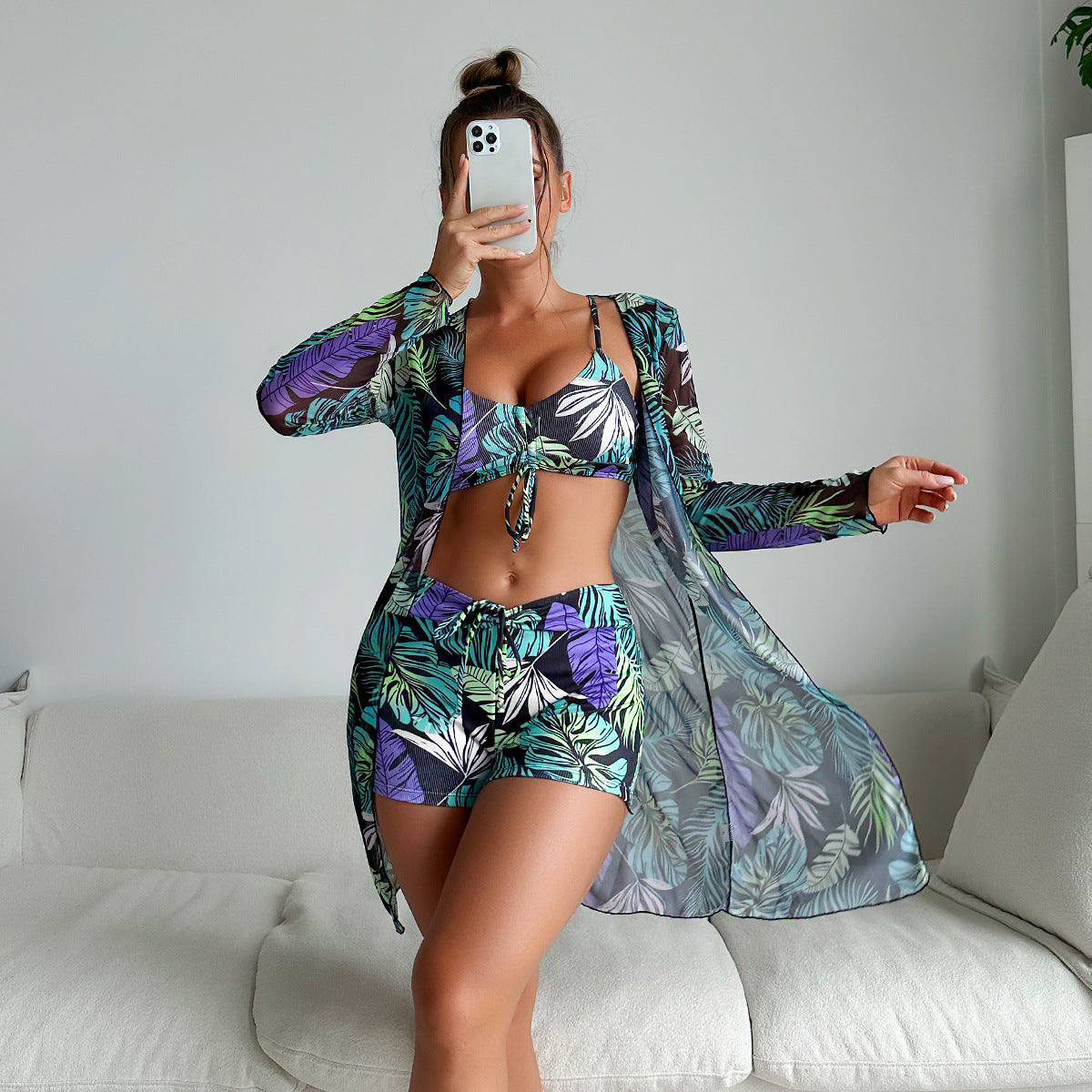 Maillot de bain trois pièces pour femme, boxer, bikini, imprimé corde, filet, rouge