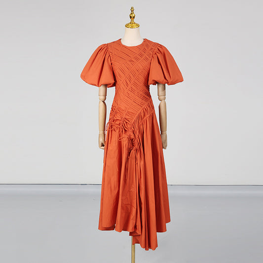 Elegant Simple Prom Dress Women Summer Maxi Dress Puff Sleeve round Neck Pleated Dress