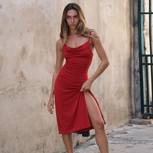 Sling Pockets Collar Sexy Split Vacation Elegant Dress Summer Women Clothing
