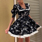 Women Digital Printed Peter Pan Collar Puff Sleeve High Waist Contrast Color A line Dress Kigali