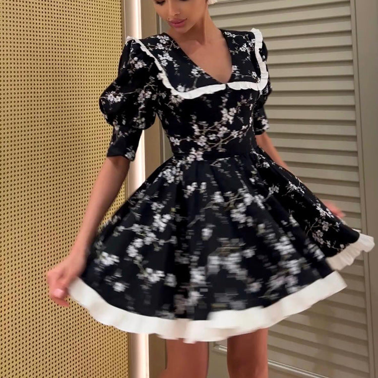 Women Digital Printed Peter Pan Collar Puff Sleeve High Waist Contrast Color A line Dress Kigali