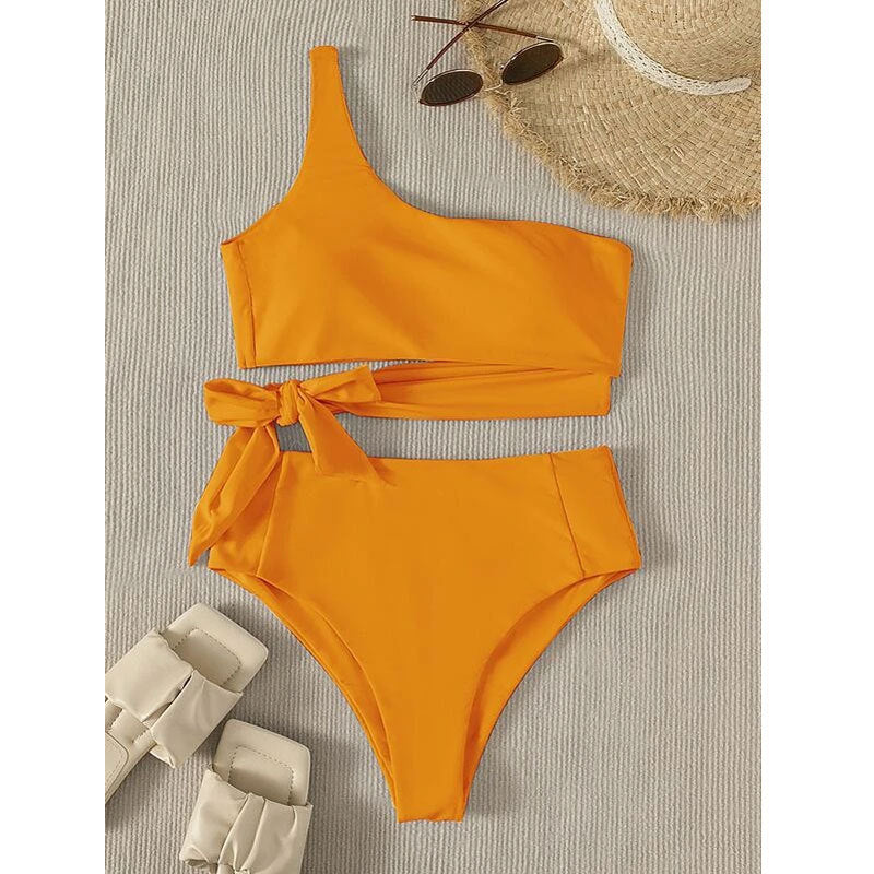 Solid Color One Shoulder Thin Swimsuit Women Sexy Bikini Swimsuit Women