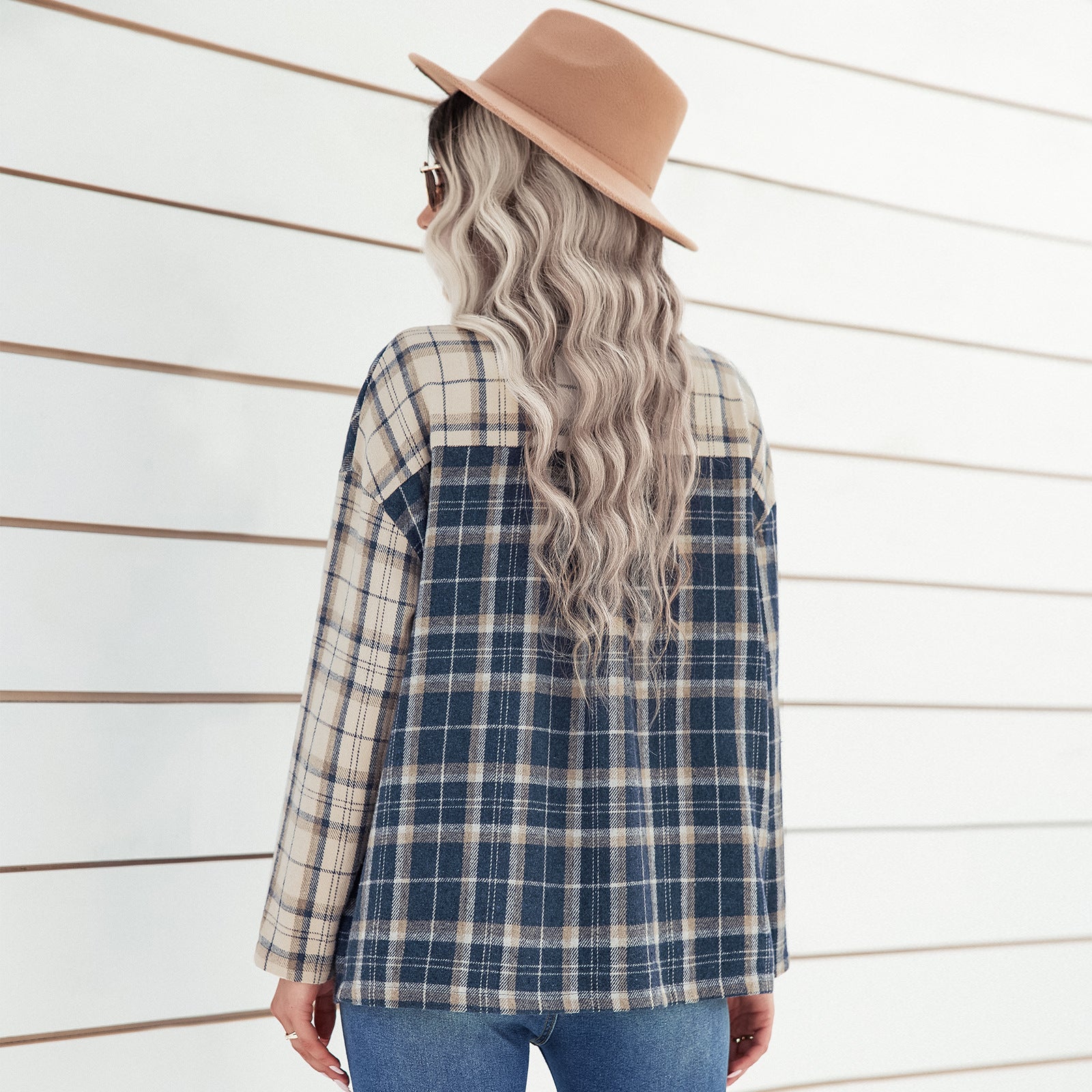 Camisa holgada de manga larga con cuello tipo polo para mujer, top a cuadros, ropa de otoño