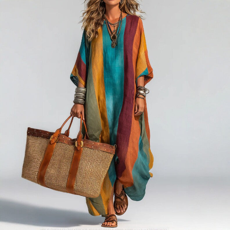 Bohemian Contrast Color Vertical Stripes Autumn Fragrance Hemp Women Loose Fitting V neck Holiday Dress Gemi
