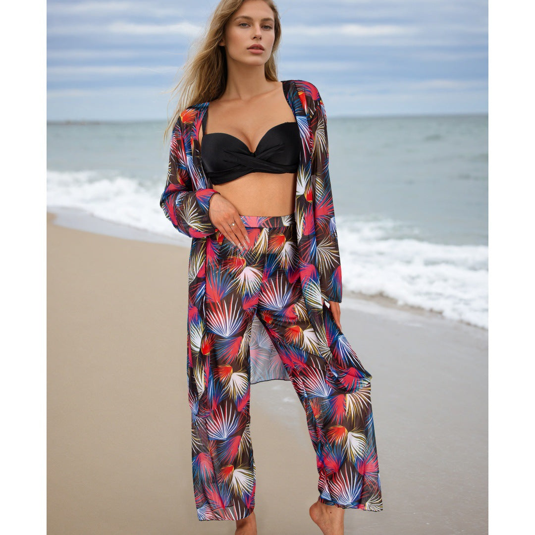 Conjunto de cuatro piezas para mujer, traje de baño de manga larga, blusa, pantalones de protección solar, bikini