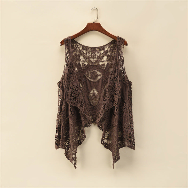 Women Summer Coat Thin Coat Sleeveless Lace Cardigan All Match Shawl Beachwear Sun Protection Clothing Women Hollow Out Cutout Shirt YTCYZ