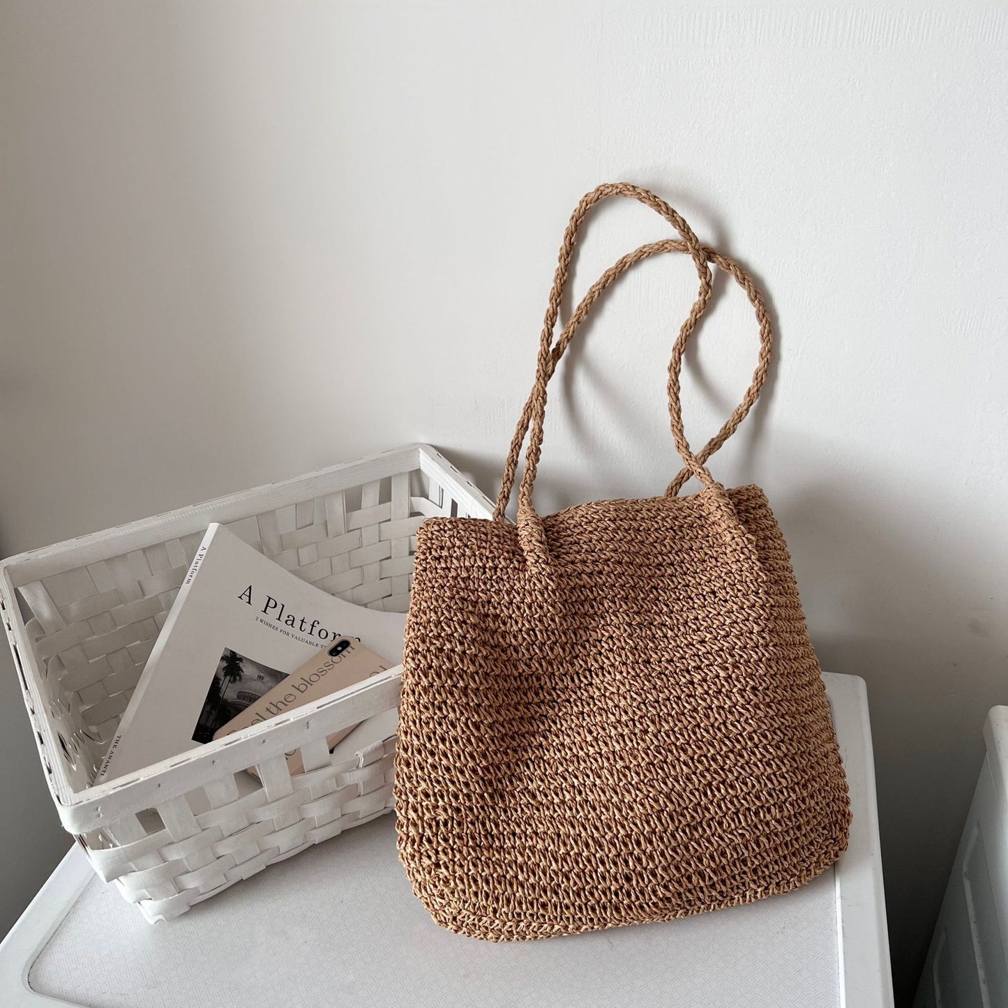 Bolso de paja de un solo hombro, de gran capacidad, portátil, sencillo, informal, tejido, para playa, vacaciones, tejido de ratán 