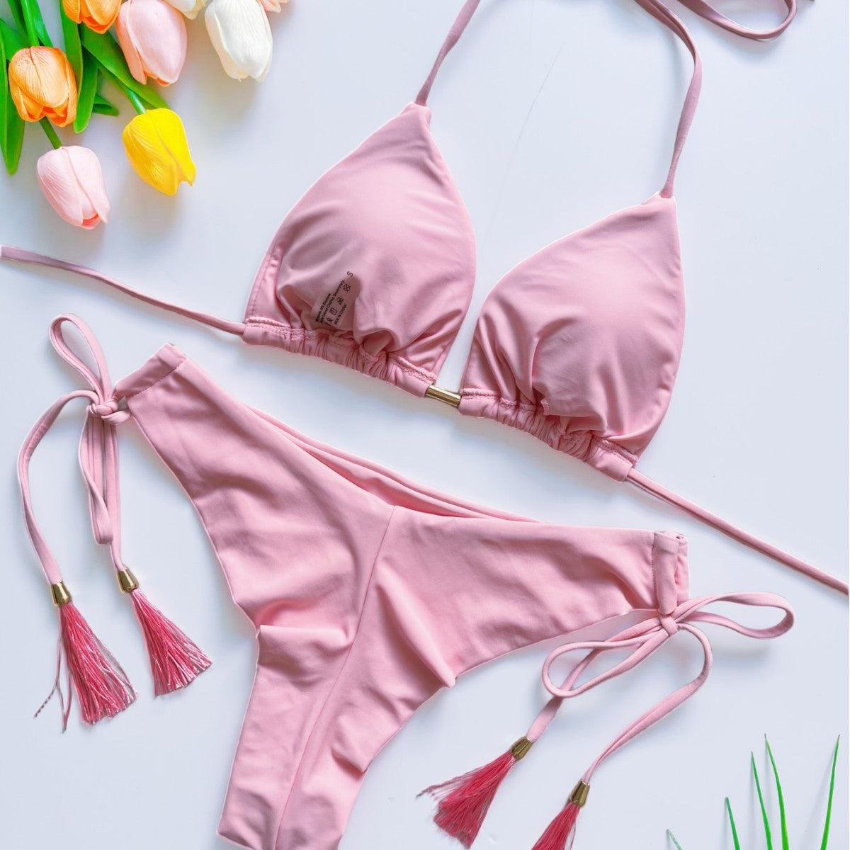 Conjunto de bikini de color liso con borlas para mujer, traje de baño sexy para playa