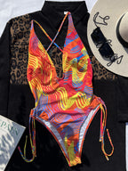 Maillot de bain une pièce sexy à décolleté plongeant en V et imprimé couleur