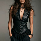 Retro Faux Leather Vest Gothic Sexy V neck Sleeveless Ruffled Hem Vest Top Venly