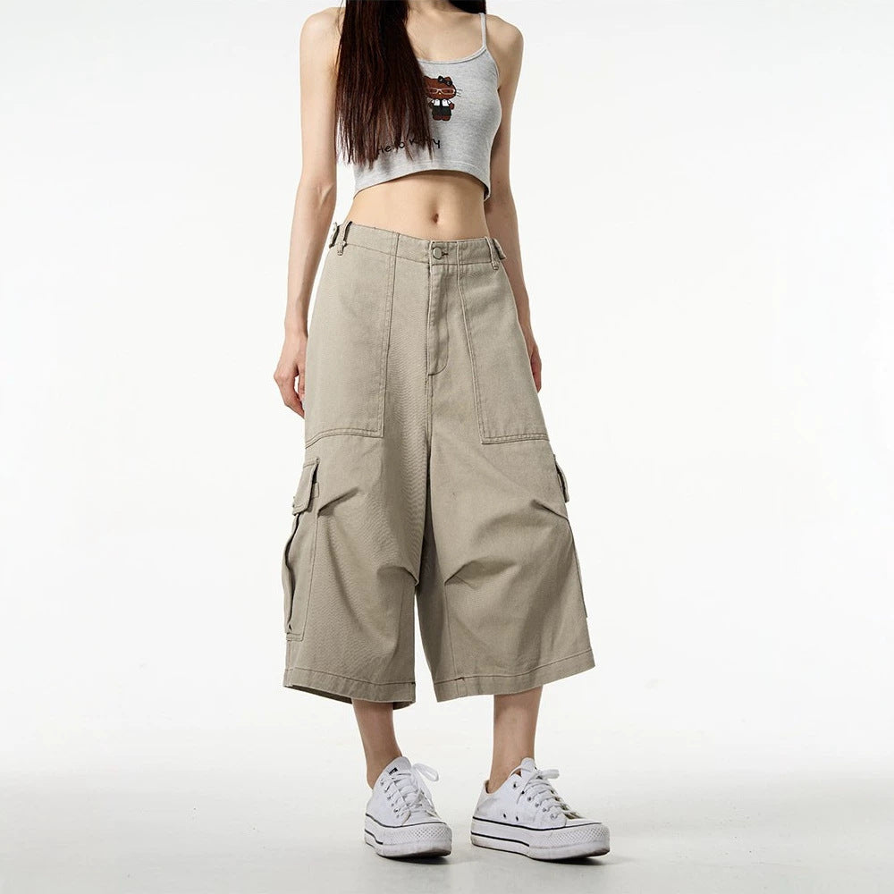 Retro Workwear with Pocket Women Loose Straight Wide Leg Jeans Shocen