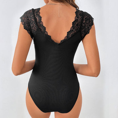 Lace Stitching Large V Neck Jumpsuit Sexy Integrated Cloth Summer Sexy Slim Top