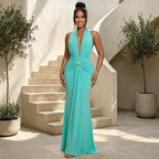 Women Halter Deep V Plunge Pleated Fishtail Evening Dress Slim Fit Cocktail Party Dress Miss Siss