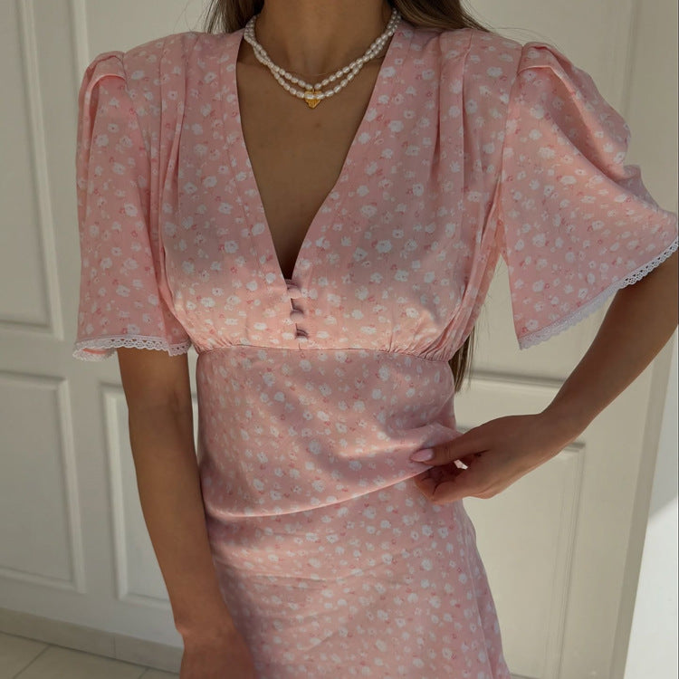 Women Clothing Summer Floral Dress Casual V neck Short Sleeve High Waist Short Dress Kigali