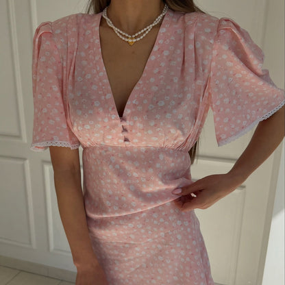 Women Clothing Summer Floral Dress Casual V neck Short Sleeve High Waist Short Dress Kigali