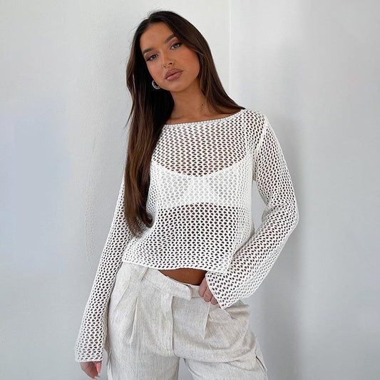 Suéter con aberturas y cuello redondo, blusa de punto de manga larga de color liso