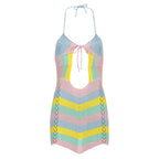 Robe courte sexy en laine pour femme, à rayures ondulées et couleurs contrastées, dos nu, décolleté ajouré, bretelles dos nu et découpes.