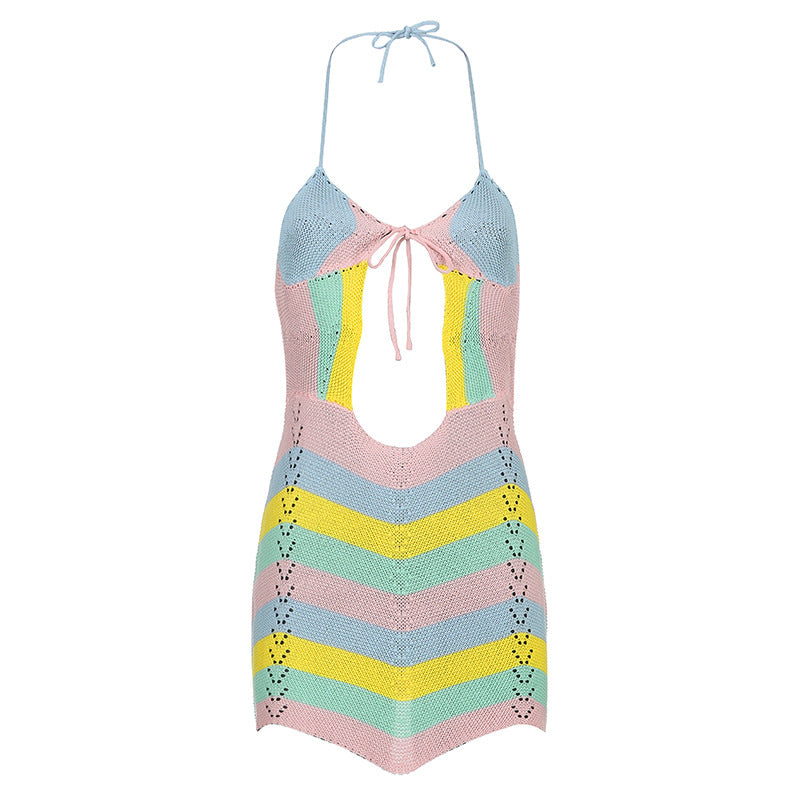 Robe courte sexy en laine pour femme, à rayures ondulées et couleurs contrastées, dos nu, décolleté ajouré, bretelles dos nu et découpes.