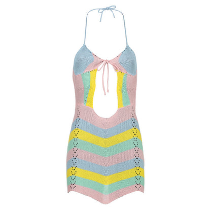 Vestido corto de lana sexy con escote halter, espalda descubierta y abertura en el pecho, con rayas onduladas y colores contrastantes para mujer