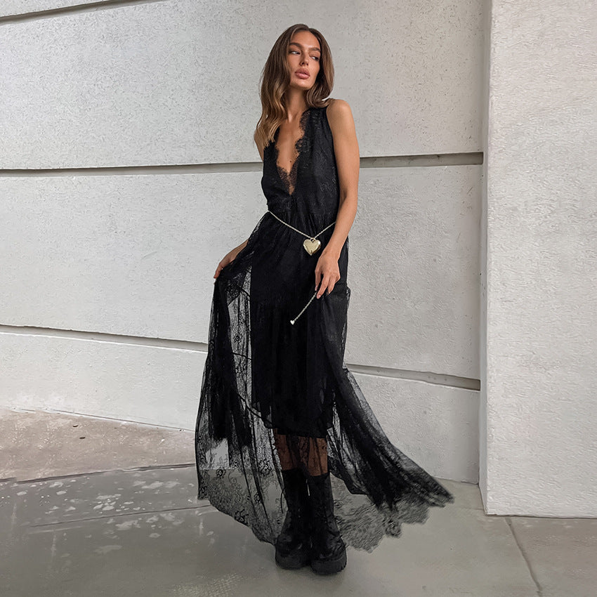 Sexy Black Brocade Lace Dress All Matching Sexy V-neck Loose Backless Women Dress FOREVEREIGHTEEN