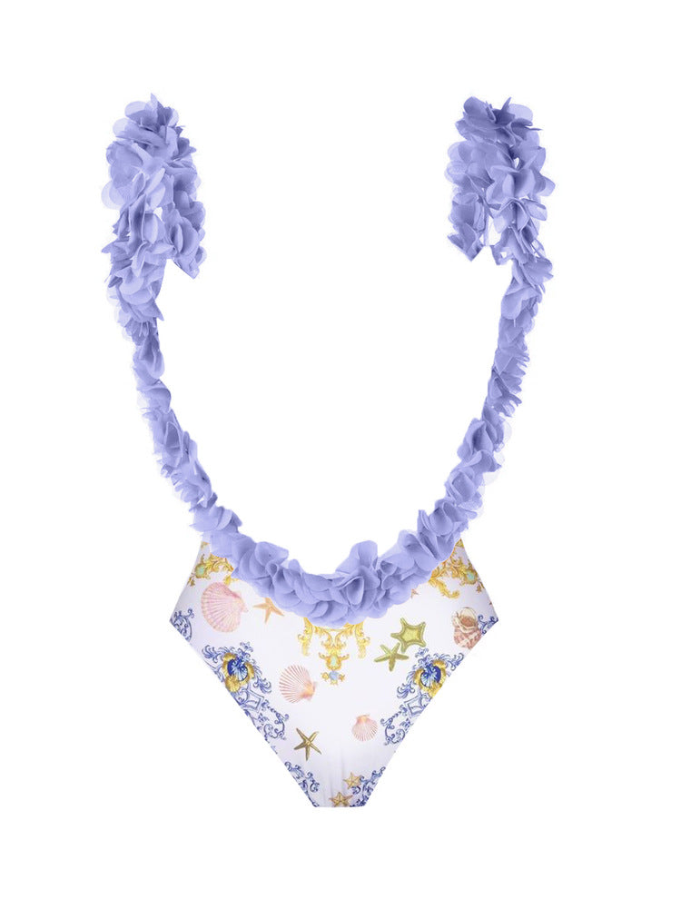 Printing Swimsuit Petals Cover Belly Backless Swimsuit