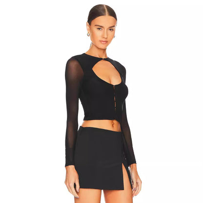 Blusa negra de manga larga con diseño de malla para mujer, cárdigan ajustado de otoño con hebilla