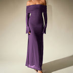 Mesh Silver Square Dress Sexy off Shoulder Flared Long Sleeve Dress Maxi Dress