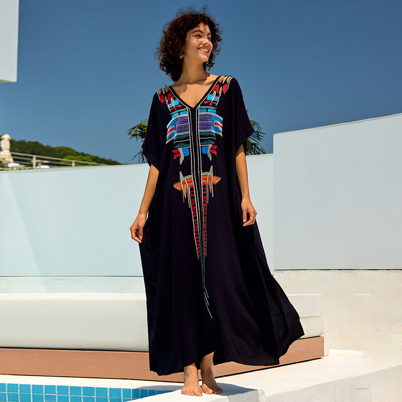 Robe longue ample brodée en rayonne, veste de plage, robe longue de vacances, cache-maillot de plage