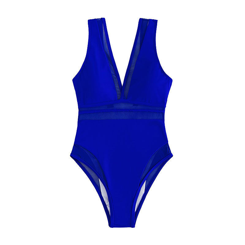 Maillot de bain une pièce en fil filé de couleur unie pour femme, décolleté en V profond, sexy, printemps