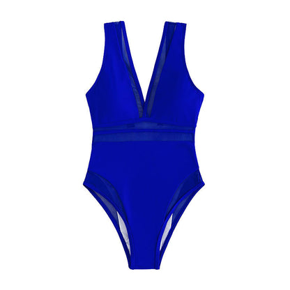 Solid Color Spun Yarn One Piece Swimsuit Women Deep V Plunge Sexy Spring Swimwear