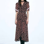Digital Printing French Dress Women V neck Short Sleeve Front Slit Waist Seal Floral Dress Kigali