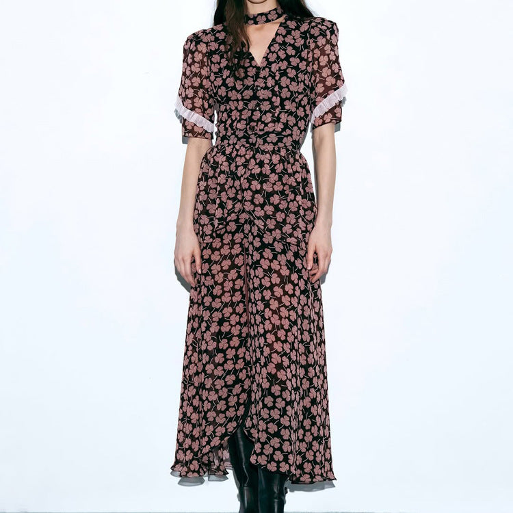 Digital Printing French Dress Women V neck Short Sleeve Front Slit Waist Seal Floral Dress Kigali