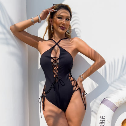 Traje de baño sexy sin espalda, traje de baño tipo bikini con cuello halter para mujer