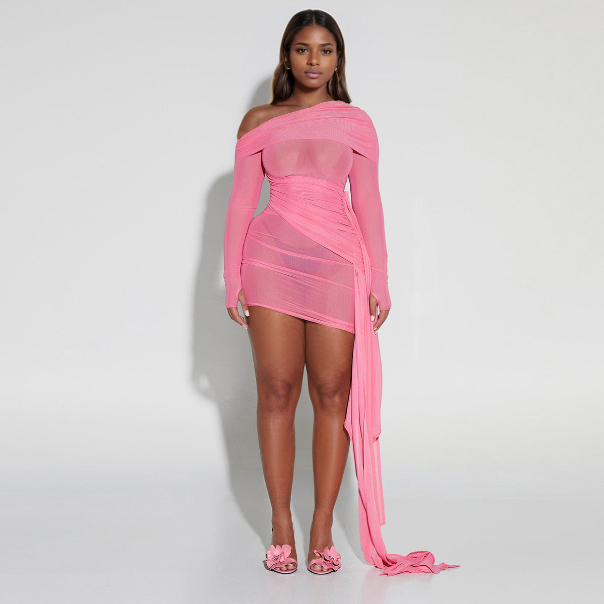 Spring Summer Women Wear Off Neck Design Sexy Pleated Dress Dopamine Sexy
