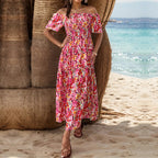 Summer Women Clothing Vacation off-Shoulder Printed Dress HUNDRED